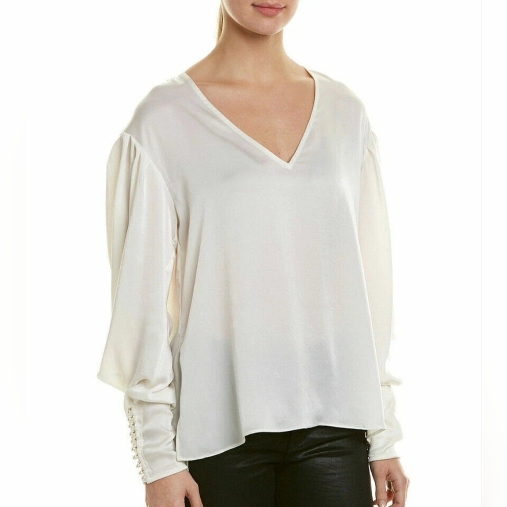 JOIE Kynthia Long Sleeve Satin Blouse Ivory Pearl Sleeve Luxury Medium